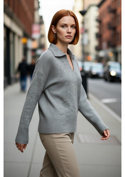 Kadın Oversize Polo Yaka Düşük Kol Triko Kazak Kışlık Kombinlerinize Modern Rahatlık Katacak Şık