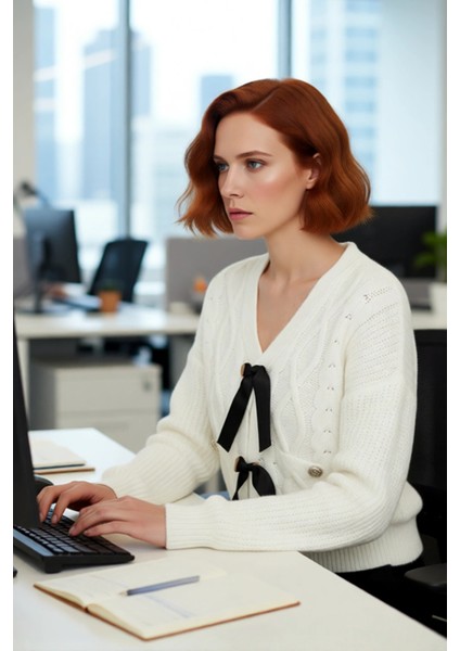 Kadın Regular Kalıp V Yaka Saç Örgü Desenli Düşük Kol Crop Triko Kazak Kurdele Fiyonk Detaylı modelleri