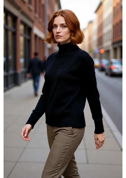 Kadın Oversize Düşük Kol Dik Yaka Uzun Triko Kazak Basic Modern Rahat Kış Günlük Şıklığı Sunar