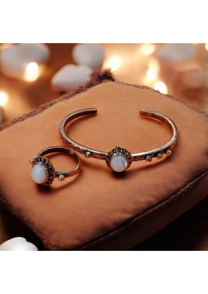 El Yapımı Doğal Taşlı Bakır Bilezik ve Yüzük Takı Seti, Şık ve Zarif Tasarım fiyatları