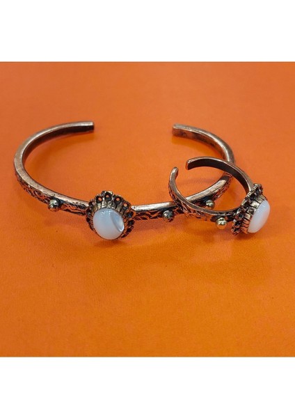 El Yapımı Doğal Taşlı Bakır Bilezik ve Yüzük Takı Seti, Şık ve Zarif Tasarım indirimleri