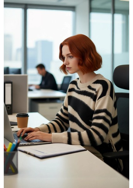 Kadın Oversize Bisiklet Yaka Zebra Desenli Akrilik Triko Kazak Kışlık Kombinlerin Vazgeçilmezi modelleri