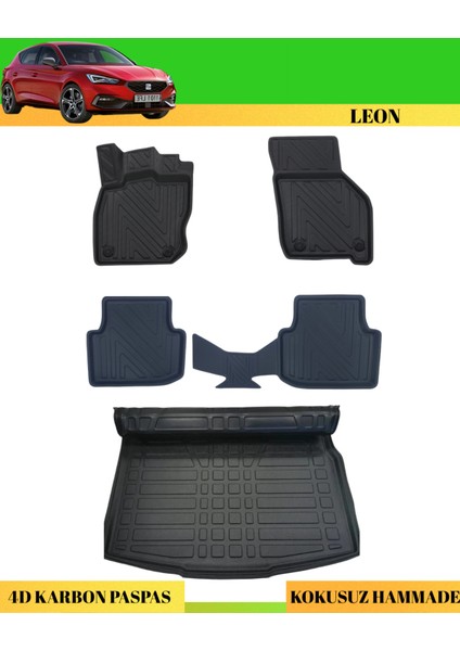 Seat Leon 2022+ Otomatik Araca Özel Üretim 4d Havuzlu Karbon Paspas Takımı + 3D Bagaj Havuzu