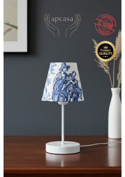 Vintage Mini Toile De Jouy Abajur Fransız Desen Beyaz Metal Kablolu Ayak Mavi Başlık Masa Lambası