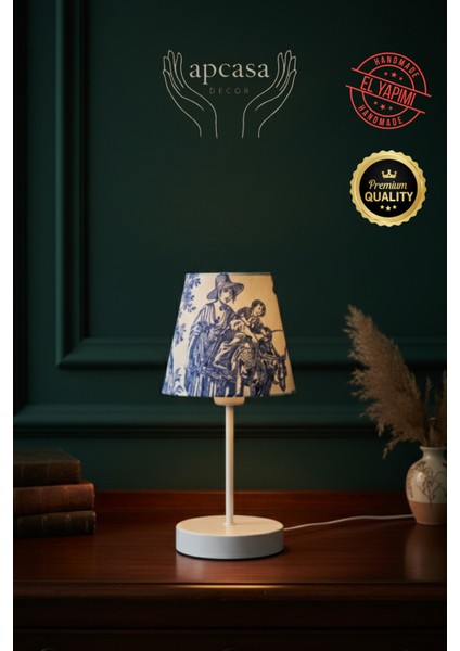 Vintage Mini Toile De Jouy Abajur Fransız Desen Beyaz Metal Kablolu Ayak Mavi Başlık Masa Lambası fırsatları