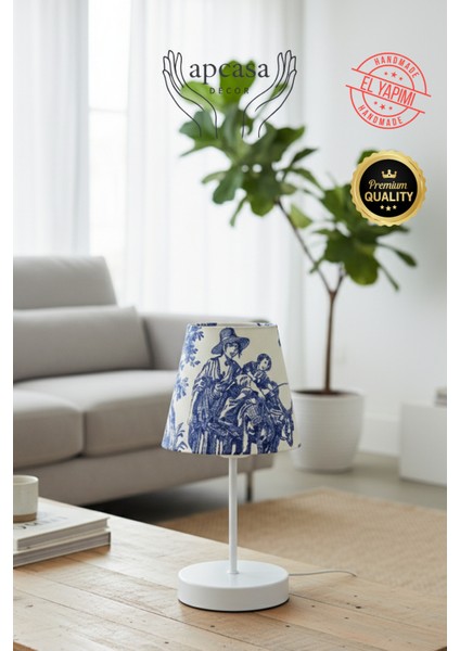 Vintage Mini Toile De Jouy Abajur Fransız Desen Beyaz Metal Kablolu Ayak Mavi Başlık Masa Lambası indirimleri
