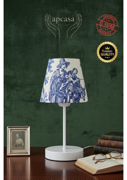 Vintage Mini Toile De Jouy Abajur Fransız Desen Beyaz Metal Kablolu Ayak Mavi Başlık Masa Lambası