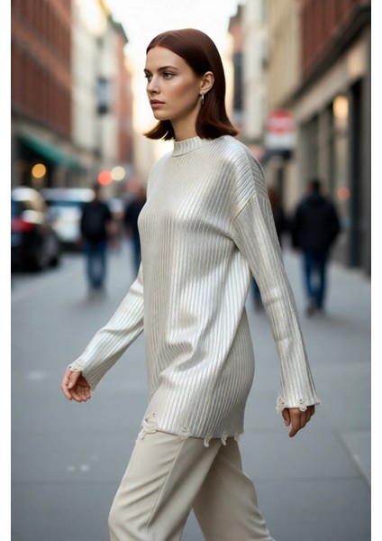 Kadın Relaxed Kalıp Bisiklet Yaka Düşük Kol Ribana Triko Kazak Sonbahar Kış Stili Basic Siluet