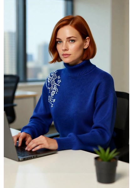 Kadın Balıkçı Yaka Regular Kalıp Taş Detaylı Triko Kazak Orta Kalınlık Kış ve Sonbahar Için Ideal modelleri