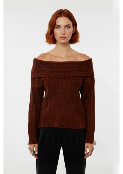 Kadın Carmen Yaka Regular Kalıp Uzun Kollu Fitilli Triko Kazak Gündüz ve Gece Şıklığı Sunar fiyatları