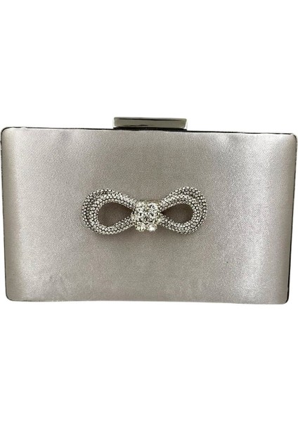 Vizon Renk Saten Gümüş Kasalı Gümüş Taşlı Abiye Çanta Gece Çantası Düğün Nişan Portföy