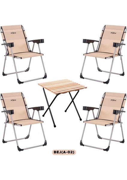 4 Adet Katlanır Kamp Sandalyesi ve Masa Seti - Rock - Bej - Bardaklıklı - 140 kg