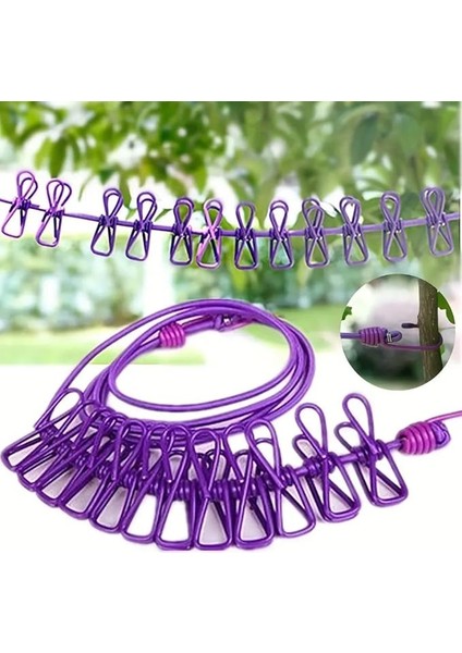 Taşınabilir Seyahat Çamaşır Ipi 12 Mandallı Klipsli Lastikli Çamaşır Mandalları