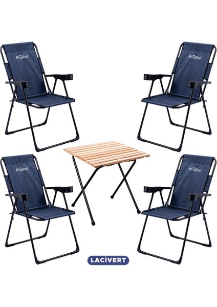 4 Adet Katlanır Kamp Sandalyesi ve Masa Seti - Rest - Lacivert - 130 kg Taşıma