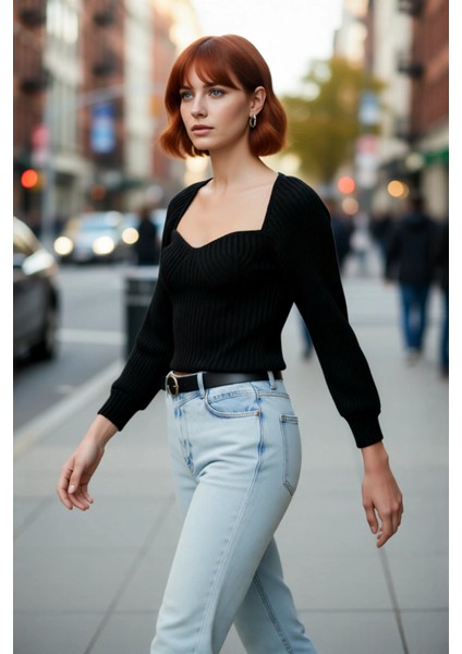 Kadın Basic Fitilli Crop Kahverengi Uzun Kol Kalp Yaka Akrilik Triko Kazak Rahat Gündüz Kombin fırsatları