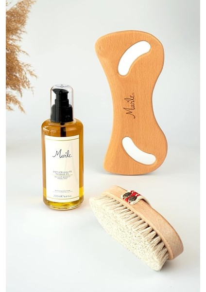 Doğal At Kılı Fırçası + Selülit Karşıtı Masaj Yağı 200 ml + Selülit Giderici Ahşap Masaj Aleti