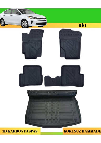 Kia Rio 2012+ Sd Araca Özel Üretim 4d Havuzlu Karbon Paspas Takımı + 3D Bagaj Havuzu