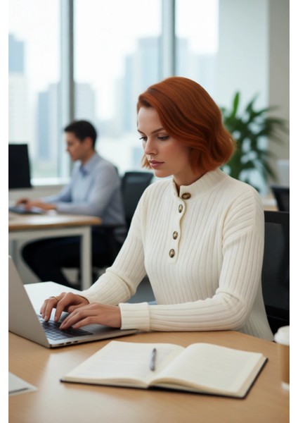 Kadın Ekru Rahat Kalıp Düz Desen Düğmeli Yaka Triko Kazak Sonbahar Kış Gardıropların Yıldızı