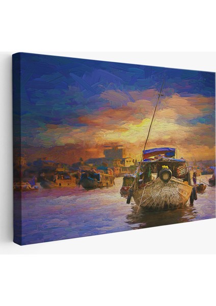 -Premier Kanvas Serileri- Vietnam'ın Mekong Yüzen Pazar Tho'da Tekne TABLOSU-1225