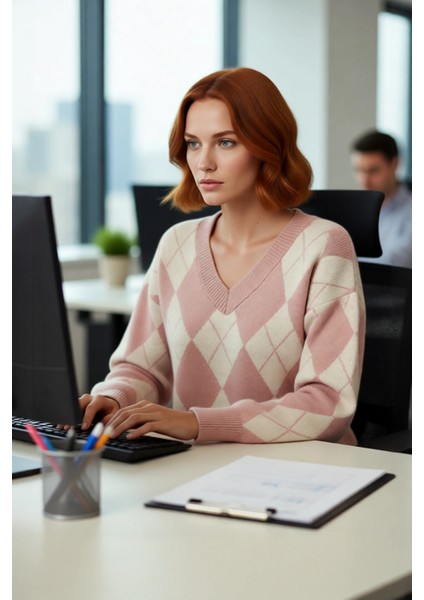 Kadın Ekru Gri Baklava Desen V Yaka Oversize Triko Kazak Kış Sezonu Günlük Stilinize Sıcak Dokunuş