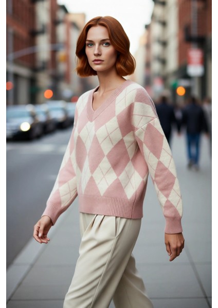 Kadın Ekru Gri Baklava Desen V Yaka Oversize Triko Kazak Kış Sezonu Günlük Stilinize Sıcak Dokunuş fırsatları