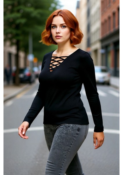 Kadın Fitted Kesim Britli V Yaka Uzun Kollu Triko Bluz Soğuk Havalar Için Şık ve Modern Seçim