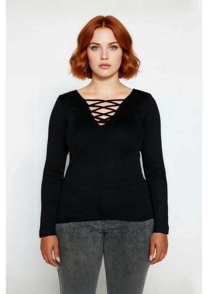 Kadın Fitted Kesim Britli V Yaka Uzun Kollu Triko Bluz Soğuk Havalar Için Şık ve Modern Seçim fiyatları