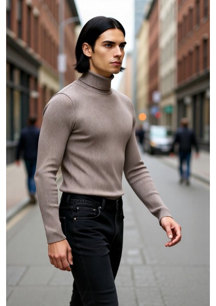 Erkek Fitted Balıkçı Yaka Fitilli Triko Kazak Kış Günleri Için Ideal Şıklığı ve Konforu Sunar