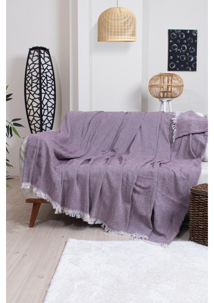 Pamuklu Zikzak Desenli Püsküllü Koltuk Örtüsü 170X210 cm | Dekoratif ve Çok Amaçlı