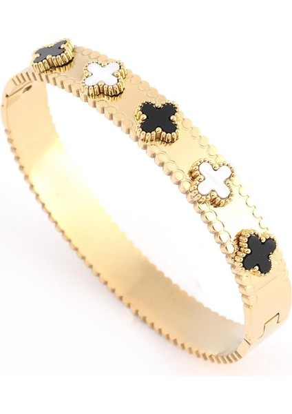 Kadın 5 Yoncalı Çelik Gold Bileklik