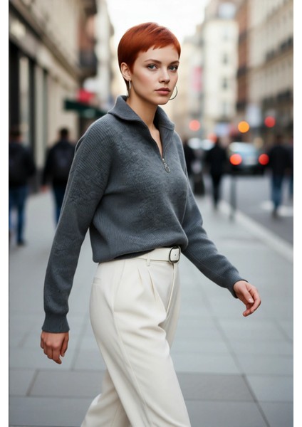 Kadın Oversize Düşük Kol Fermuarlı Dik Yaka Triko Selanik Örgü Basic Uzun Kollu Kazak Kaliteli