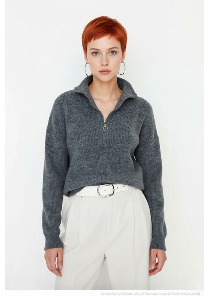 Kadın Oversize Düşük Kol Fermuarlı Dik Yaka Triko Selanik Örgü Basic Uzun Kollu Kazak Kaliteli fiyatları