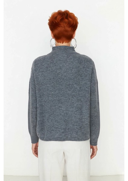 Kadın Oversize Düşük Kol Fermuarlı Dik Yaka Triko Selanik Örgü Basic Uzun Kollu Kazak Kaliteli fırsatları