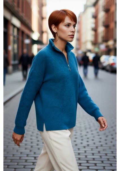 Kadın Oversize Düşük Kol Fermuarlı Dik Yaka Triko Selanik Örgü Basic Uzun Kollu Kazak Kaliteli