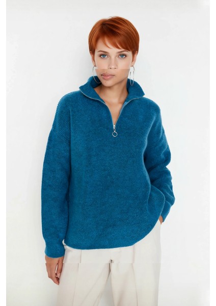 Kadın Oversize Düşük Kol Fermuarlı Dik Yaka Triko Selanik Örgü Basic Uzun Kollu Kazak Kaliteli fiyatları