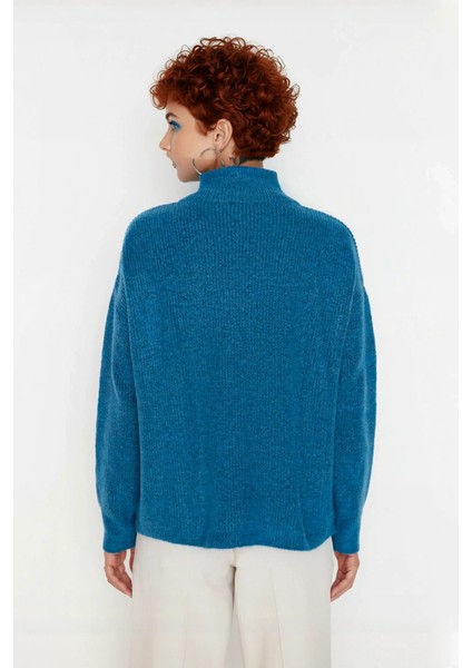 Kadın Oversize Düşük Kol Fermuarlı Dik Yaka Triko Selanik Örgü Basic Uzun Kollu Kazak Kaliteli fırsatları