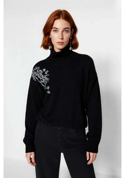 Kadın Balıkçı Yaka Regular Kalıp Taş Detaylı Triko Kazak Orta Kalınlık Kış ve Sonbahar Için Ideal fiyatları