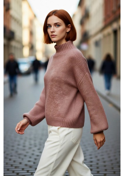 Kadın Oversize Kalın Dik Yaka Triko Kazak Kışlık Soğuk Havalarda Konforlu Günlük Stil Kaliteli