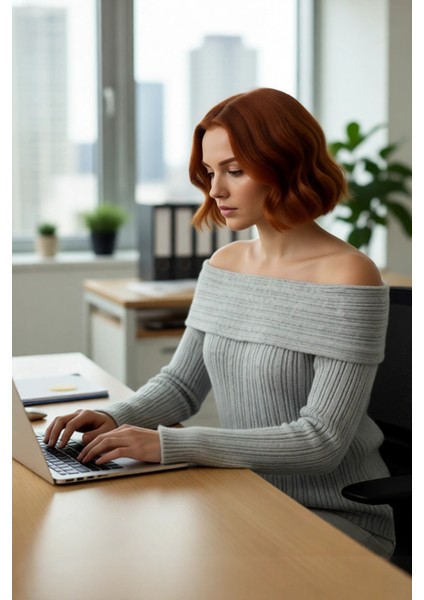 Kadın Carmen Yaka Regular Kalıp Uzun Kollu Fitilli Triko Kazak Gündüz ve Gece Şıklığı Sunar modelleri