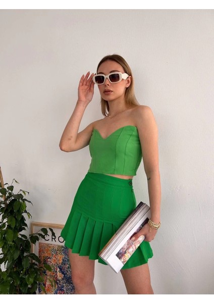 Pileli Düğmeli Etek Açık Yeşil S24811 modelleri