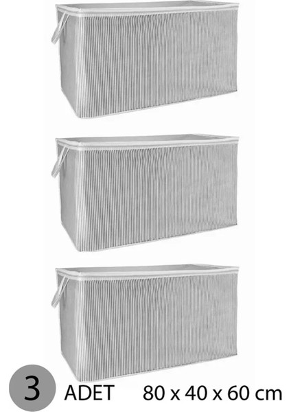 (3 Adet) Alas Gri Çizgili Fermuarlı Mega Boy Hurç Yastık-Yorgan-Kıyafet Düzenleyici 80*40*60 cm
