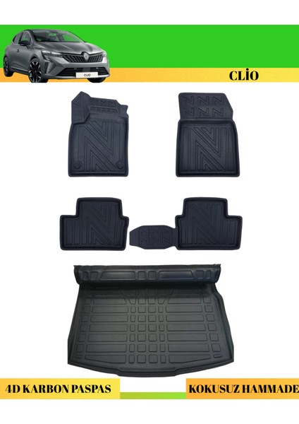 Renault Clio 5 E-Tech 2024+ Araca Özel Üretim 4d Havuzlu Karbon Paspas Takımı + 3D Bagaj Havuzu