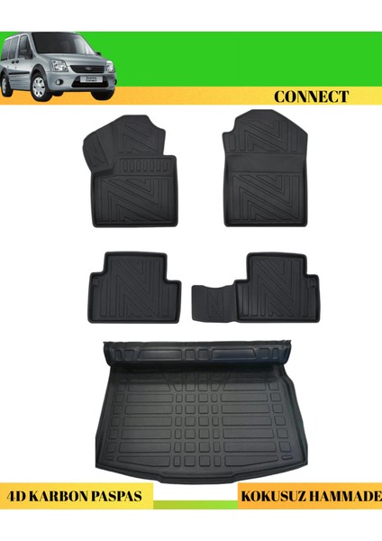 Ford Connect 2003-2014 Araca Özel Üretim 4d Havuzlu Karbon Paspas Takımı + 3D Bagaj Havuzu 110HP