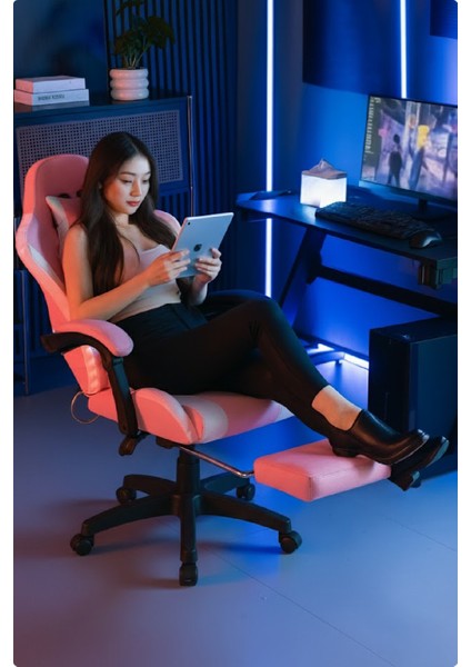 Pink Star Işıklı - Masaj Özellikli Oyuncu Koltuğu Pembe-Beyaz