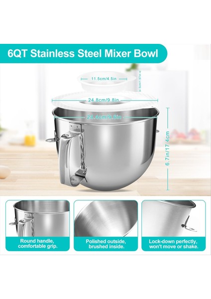 Kitchenaid Stand Mikseri Için 6qt Paslanmaz Çelik Mikser Kabı, Kase Kapağı ve Çırpıcı Kürek Aparatı Yedek Parçası (Yurt Dışından) modelleri