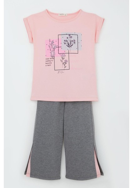 Kız Çocuk Pantolonlu Takım Çiçek Baskılı Yırtmaçlı 6-12 Yaş, Pembe