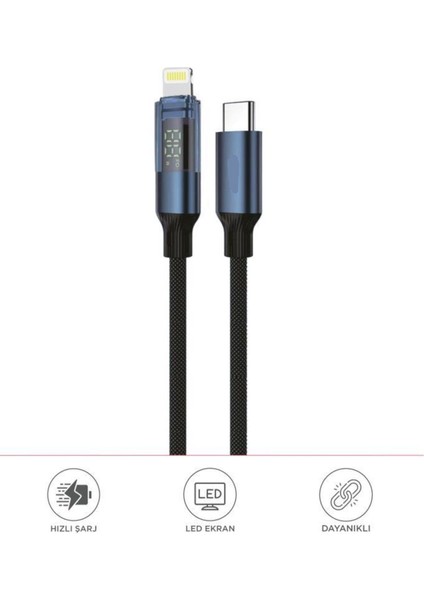 U22 Type-C To Lightning 27W Hızlı Şarj Kablosu LED Ekranlı Dayanıklı Örgü Kablo