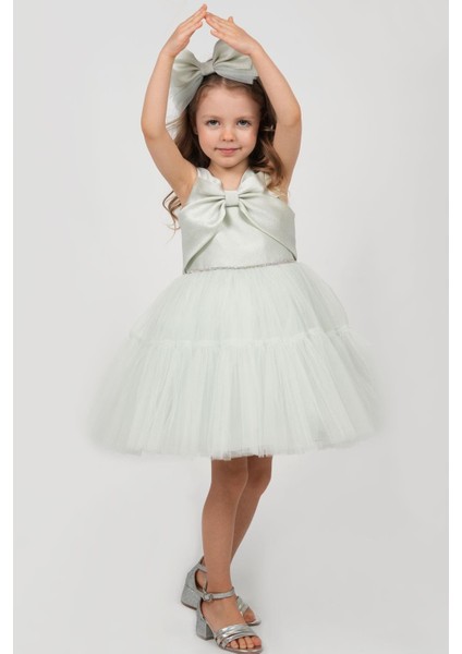 Kız Çocuk Abiye Elbise Arkası Fiyonk Detaylı Bel Kısmıtaşlı Taçlı 1-5 Yaş, Su Yeşili fırsatları