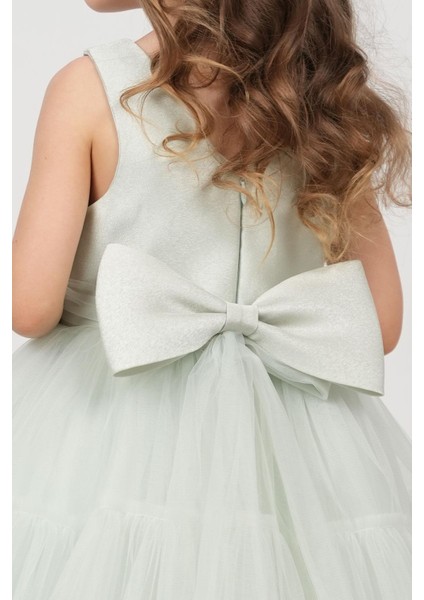 Kız Çocuk Abiye Elbise Arkası Fiyonk Detaylı Bel Kısmıtaşlı Taçlı 1-5 Yaş, Su Yeşili indirimleri