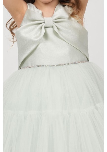 Kız Çocuk Abiye Elbise Arkası Fiyonk Detaylı Bel Kısmıtaşlı Taçlı 1-5 Yaş, Su Yeşili